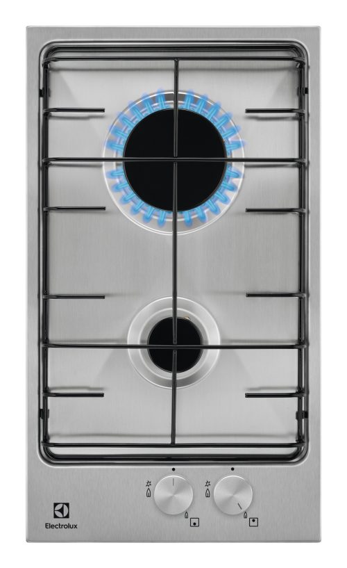 Electrolux EGG3222N Piano cottura Gas 30 cm Quadro - 2 fuochi gas - Bruciatore Fiamma Pura - Griglia speciale in estetica nera - Accensione integrata nella manopola - Sicurezza Sicurgas - Estetica inox